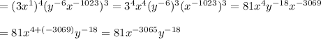 =(3x^1)^4(y^{-6}x^{-1023})^3=3^4x^4(y^{-6})^3(x^{-1023})^3=81x^4y^{-18}x^{-3069}\\\\=81x^{4+(-3069)}y^{-18}=81x^{-3065}y^{-18}