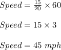 Speed=\frac{15}{20}\times 60\\\\Speed=15\times 3\\\\Speed=45\ mph