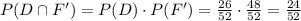 P(D \cap F') =P(D) \cdot P(F') = \frac{26}{52} \cdot \frac{48}{52} =\frac{24}{52}
