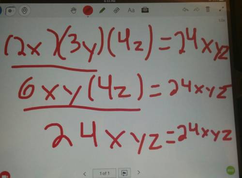 Write a mathmatical proof showing the algebraic equivalency of (2x)(3y)(4z) = 24xyz