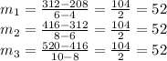 m_1=\frac{312-208}{6-4}= \frac{104}{2}=52 \\m_2=\frac{416-312}{8-6}= \frac{104}{2}=52 \\m_3=\frac{520-416}{10-8}= \frac{104}{2}=52