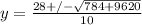 y=\frac{28+/-\sqrt{784+9620}}{10}