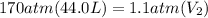 170atm(44.0L)=1.1atm(V_2)