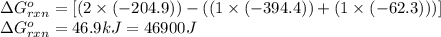 \Delta G^o_{rxn}=[(2\times (-204.9))-((1\times (-394.4))+(1\times (-62.3)))]\\\Delta G^o_{rxn}=46.9kJ=46900J