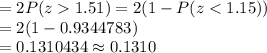 =2P(z1.51)=2(1-P(z