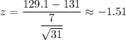 z=\dfrac{129.1-131}{\dfrac{7}{\sqrt{31}}}\approx-1.51