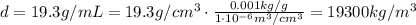 d=19.3 g/mL = 19.3 g/cm^3 \cdot \frac{0.001 kg/g}{1\cdot 10^{-6} m^3/cm^3}=19300 kg/m^3