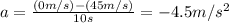 a=\frac{(0m/s)-(45m/s)}{10s}=-4.5m/s^2