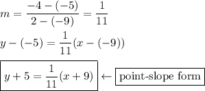 m=\dfrac{-4-(-5)}{2-(-9)}=\dfrac{1}{11}\\\\y-(-5)=\dfrac{1}{11}(x-(-9))\\\\\boxed{y+5=\dfrac{1}{11}(x+9)}\leftarrow\boxed{\text{point-slope form}}
