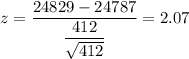 z=\dfrac{24829- 24787}{\dfrac{412}{\sqrt{412}}}=2.07