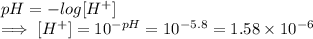 pH = -log[H^{+} ]\\\implies [H^{+} ]= 10^{-pH} = 10^{-5.8}= 1.58 \times 10^{-6}