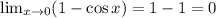 \lim _{x\rightarrow 0}(1-\cos x)=1-1=0