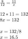 \frac{8}{12}= \frac{11}{x}\\ \\12*11=132\\8x=132\\\\x=132/8\\x=16.5