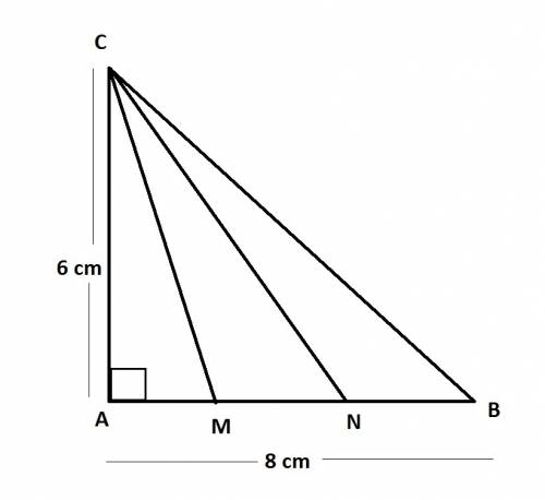 In the right triangle △abc, leg ac=6 cm and leg bc=8 cm. point m and n belong to ab so that am: mn: