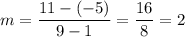 m=\dfrac{11-(-5)}{9-1}=\dfrac{16}{8}=2
