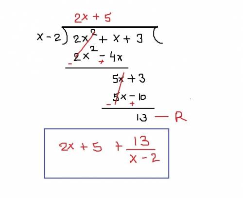 Divide the polynomials 2x^2+x+3/x-2
