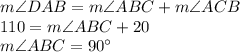 m\angle DAB = m\angle ABC + m\angle ACB\\110 =  m\angle ABC + 20\\m\angle ABC = 90^\circ