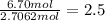 \frac{6.70 mol}{2.7062 mol}=2.5
