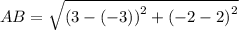 AB = \sqrt{\left(3-\left(-3\right)\right)^2+\left(-2-2\right)^2}
