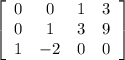 \left[\begin{array}{cccc}0&0&1&3\\0&1&3&9\\1&-2&0&0\end{array}\right]