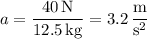 a=\dfrac{40\,\rm N}{12.5\,\rm kg}=3.2\,\dfrac{\rm m}{\mathrm s^2}