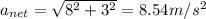 a_{net} = \sqrt{8^2 + 3^2} = 8.54 m/s^2