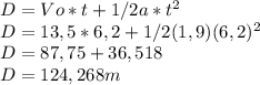 D=Vo*t+ 1/2a*t^2\\D= 13,5*6,2 + 1/2(1,9)(6,2)^2\\D=87,75+36,518\\D=124,268m