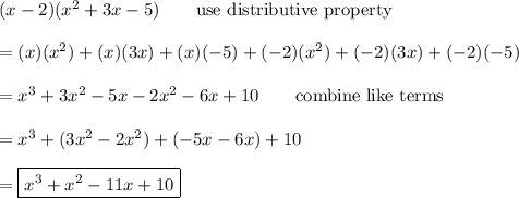 (x-2)(x^2+3x-5)\qquad\text{use distributive property}\\\\=(x)(x^2)+(x)(3x)+(x)(-5)+(-2)(x^2)+(-2)(3x)+(-2)(-5)\\\\=x^3+3x^2-5x-2x^2-6x+10\qquad\text{combine like terms}\\\\=x^3+(3x^2-2x^2)+(-5x-6x)+10\\\\=\boxed{x^3+x^2-11x+10}