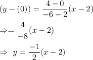 (y-(0))=\dfrac{4-0}{-6-2}(x-2)\\\\\Rightarrow\y=\dfrac{4}{-8}(x-2)\\\\\Rightarrow\ y=\dfrac{-1}{2}(x-2)
