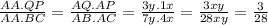 \frac{AA.QP}{AA.BC} =\frac{AQ.AP}{AB.AC} =\frac{3y.1x}{7y.4x} =\frac{3xy}{28xy} =\frac{3}{28}