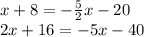 x+8=-\frac{5}{2} x-20\\2x+16=-5x-40