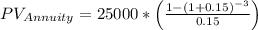PV_{Annuity} = 25000 * \left ( \frac{1 -(1+0.15)^{-3}}{0.15} \right )