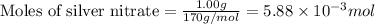 \text{Moles of silver nitrate}=\frac{1.00g}{170g/mol}=5.88\times 10^{-3}mol
