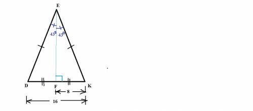 :)) in isosceles ∆dek with base dk, ef is the angle bisector of ∠e, m∠def = 43°, and dk = 16cm. find