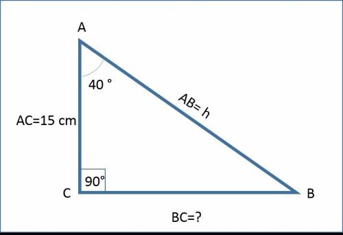 Given:  abc is a right triangle with right angle c. ac=15 centimeters and m∠a=40∘ . what is bc ?  en