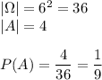 |\Omega|=6^2=36\\|A|=4\\\\P(A)=\dfrac{4}{36}=\dfrac{1}{9}