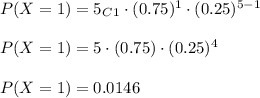 P(X=1)=5_C_1\cdot (0.75)^{1}\cdot (0.25)^{5-1}\\\\P(X=1)=5\cdot (0.75)\cdot (0.25)^4\\\\P(X=1)=0.0146