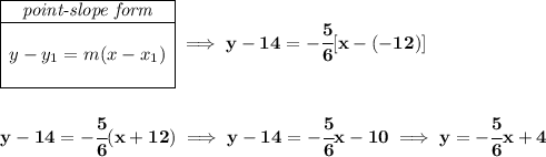 \bf \begin{array}{|c|ll} \cline{1-1} \textit{point-slope form}\\ \cline{1-1} \\ y-y_1=m(x-x_1) \\\\ \cline{1-1} \end{array}\implies y-14=-\cfrac{5}{6}[x-(-12)] \\\\\\ y-14=-\cfrac{5}{6}(x+12)\implies y-14=-\cfrac{5}{6}x-10\implies y=-\cfrac{5}{6}x+4