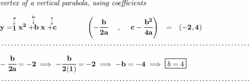 \bf \textit{vertex of a vertical parabola, using coefficients} \\\\ y=\stackrel{\stackrel{a}{\downarrow }}{1}x^2\stackrel{\stackrel{b}{\downarrow }}{+b}x\stackrel{\stackrel{c}{\downarrow }}{+c} \qquad \qquad \left(-\cfrac{ b}{2 a}~~~~ ,~~~~ c-\cfrac{ b^2}{4 a}\right)~~=~~(-2,4) \\\\[-0.35em] ~\dotfill\\\\ -\cfrac{b}{2a}=-2\implies -\cfrac{b}{2(1)}=-2\implies -b=-4\implies \boxed{b=4} \\\\[-0.35em] ~\dotfill