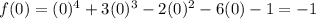 f(0) = (0)^4 + 3(0)^3 - 2(0)^2 - 6(0) - 1= -1