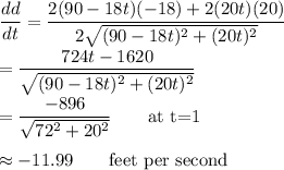 \dfrac{dd}{dt}=\dfrac{2(90-18t)(-18)+2(20t)(20)}{2\sqrt{(90-18t)^2+(20t)^2}}\\\\=\dfrac{724t-1620}{\sqrt{(90-18t)^2+(20t)^2}}\\\\=\dfrac{-896}{\sqrt{72^2+20^2}}\qquad\text{at t=1}\\\\\approx -11.99\qquad\text{feet per second}