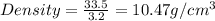 Density=\frac{33.5}{3.2}=10.47g/cm^3