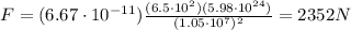 F=(6.67\cdot 10^{-11}) \frac{(6.5\cdot 10^2 )(5.98\cdot 10^{24})}{(1.05 \cdot 10^7)^2}=2352 N