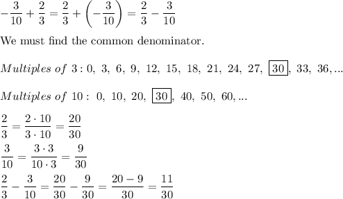 -\dfrac{3}{10}+\dfrac{2}{3}=\dfrac{2}{3}+\left(-\dfrac{3}{10}\right)=\dfrac{2}{3}-\dfrac{3}{10}\\\\\text{We must find the common denominator.}\\\\Multiples\ of\ 3:0,\ 3,\ 6,\ 9,\ 12,\ 15,\ 18,\ 21,\ 24,\ 27,\ \boxed{30},\ 33,\ 36,...\\\\Multiples\ of\ 10:\ 0,\ 10,\ 20,\ \boxed{30},\ 40,\ 50,\ 60,...\\\\\dfrac{2}{3}=\dfrac{2\cdot10}{3\cdot10}=\dfrac{20}{30}\\\\\dfrac{3}{10}=\dfrac{3\cdot3}{10\cdot3}=\dfrac{9}{30}\\\\\dfrac{2}{3}-\dfrac{3}{10}=\dfrac{20}{30}-\dfrac{9}{30}=\dfrac{20-9}{30}=\dfrac{11}{30}