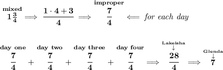 \bf \stackrel{mixed}{1\frac{3}{4}}\implies \cfrac{1\cdot 4+3}{4}\implies \stackrel{improper}{\cfrac{7}{4}}\impliedby \textit{for each day} \\\\\\ \stackrel{day~one}{\cfrac{7}{4}}+\stackrel{day~two}{\cfrac{7}{4}}+\stackrel{day~three}{\cfrac{7}{4}}+\stackrel{day~four}{\cfrac{7}{4}}\implies \stackrel{\stackrel{Lakeisha}{\downarrow }}{\cfrac{28}{4}}\implies \stackrel{\stackrel{Glenda}{\downarrow }}{7}
