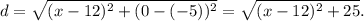 d=\sqrt{(x-12)^2+(0-(-5))^2}=\sqrt{(x-12)^2+25}.