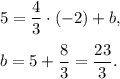 5=\dfrac{4}{3}\cdot (-2)+b,\\ \\b=5+\dfrac{8}{3}=\dfrac{23}{3}.