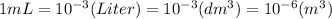 1 mL =10^{-3} (Liter) =10^{-3} (dm^{3}) =10^{-6} (m^3)&#10;