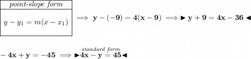 \bf \begin{array}{|c|ll} \cline{1-1} \textit{point-slope form}\\ \cline{1-1} \\ y-y_1=m(x-x_1) \\\\ \cline{1-1} \end{array}\implies y-(-9)=4(x-9)\implies \blacktriangleright y+9=4x-36 \blacktriangleleft \\\\\\ -4x+y=-45\implies \blacktriangleright \stackrel{\textit{standard form}}{4x-y=45} \blacktriangleleft