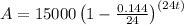 A=15000\left(1-\frac{0.144}{24}\right)^{\left(24t\right)}